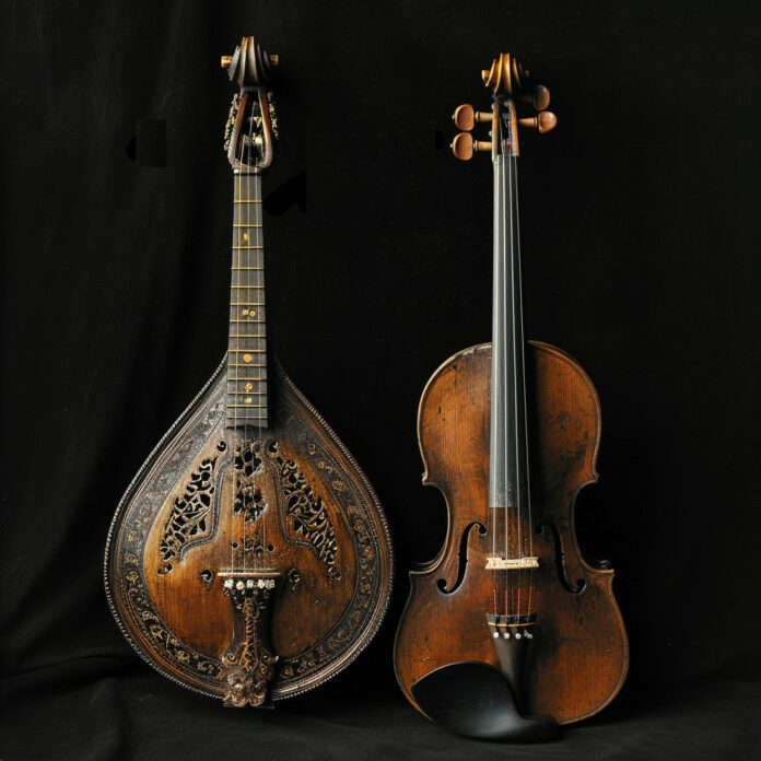 Une mandoline à côté d'un violon