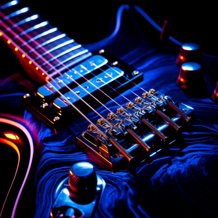 Cordes de guitare sur une guitare électrique bleue