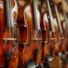 Plusieurs violons exposés dans une boutique