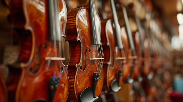 Plusieurs violons exposés dans une boutique